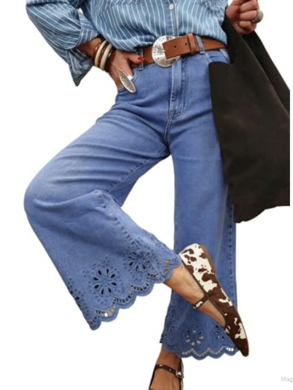 Wide Leg High Rise Embroidered Jeans Stretch Denim